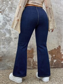 SHEIN ICON 大碼翻蓋口袋牛仔喇叭褲 - 深色水洗藍 - 查看 2