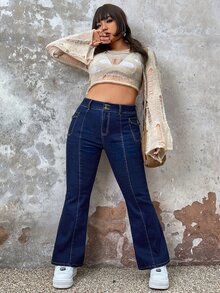 SHEIN ICON 大碼翻蓋口袋牛仔喇叭褲 - 深色水洗藍 - 查看 3