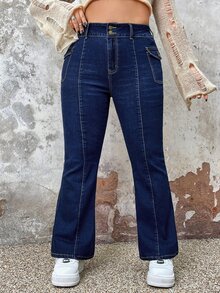 SHEIN ICON 大碼翻蓋口袋牛仔喇叭褲 - 深色水洗藍 - 查看 4
