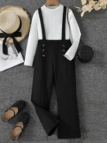 Girls Button Detail Suspender Trousers Without Tee - Black - View 1