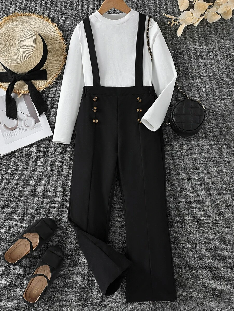 Girls Button Detail Suspender Trousers Without Tee - Black - View 1