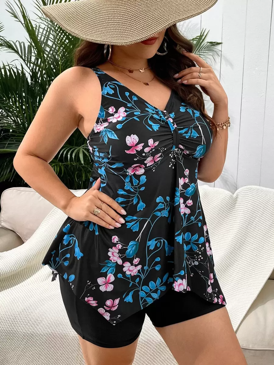 SHEIN Swim Curve Plus Floral Print Tankini Set Ruched Asymmetrical Hem Tank Top & Tankini Shorts 2 Piece Bathing Suit - Multicolor - View 1