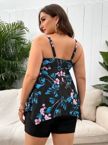 SHEIN Swim Curve Plus Floral Print Tankini Set Ruched Asymmetrical Hem Tank Top & Tankini Shorts 2 Piece Bathing Suit - Multicolor - View 2