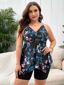 SHEIN Swim Curve Plus Floral Print Tankini Set Ruched Asymmetrical Hem Tank Top & Tankini Shorts 2 Piece Bathing Suit - Multicolor - View 4