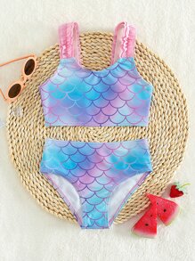Young Girl Fish Scale Print Frill Trim Bikini Set Summer Beach - Multicolor - View 1