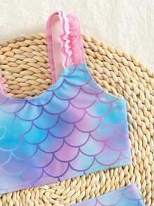 Young Girl Fish Scale Print Frill Trim Bikini Set Summer Beach - Multicolor - View 4