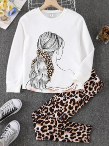 Girls Figure Graphic Tee & Leopard Print Leggings - Multicolor - View 1