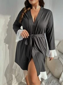 Plus Contrast Mesh Flounce Sleeve Belted Robe - Dark Grey - View 1