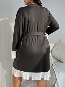 Plus Contrast Mesh Flounce Sleeve Belted Robe - Dark Grey - View 2