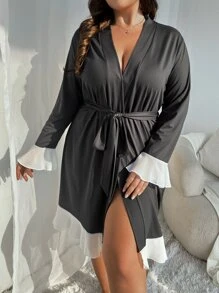 Plus Contrast Mesh Flounce Sleeve Belted Robe - Dark Grey - View 4