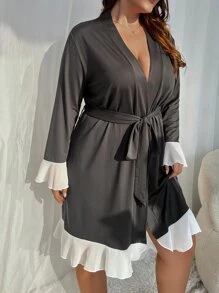 Plus Contrast Mesh Flounce Sleeve Belted Robe - Dark Grey - View 5
