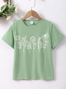 Girls Floral Print Tee - Mint Green - View 1