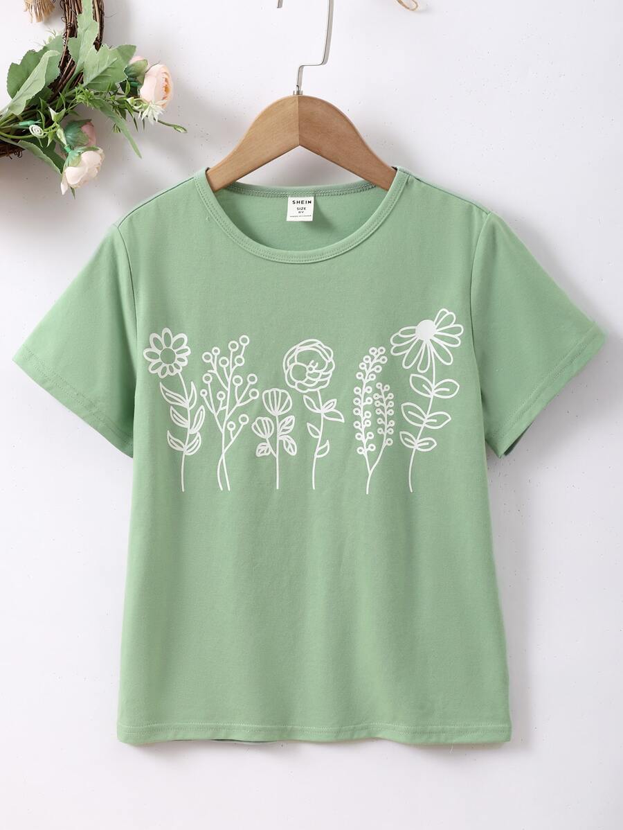 Girls Floral Print Tee - Mint Green - View 1