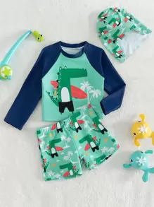 Baby Boy Cartoon Graphic Raglan Sleeve Swimsuit With Hat - Multicolor - View 1