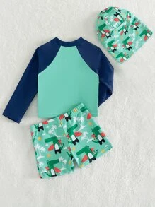 Baby Boy Cartoon Graphic Raglan Sleeve Swimsuit With Hat - Multicolor - View 2