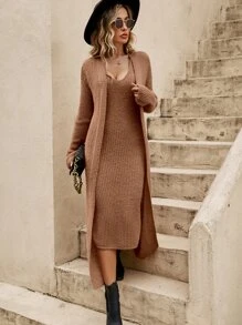 SHEIN Essnce Solid Jumper Dress & Drop Shoulder Duster Cardigan - Khaki - View 1