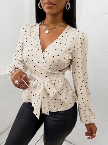 SHEIN Clasi Blusa al azar con estampado de corazón de cuello cruzado con cinturón - Beis - Ver 4