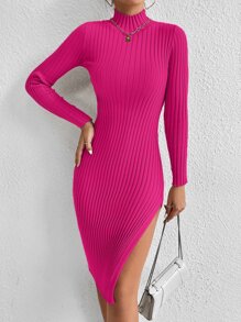 SHEIN Privé Mock Neck Split Thigh Jumper Dress - Hot Pink - View 3