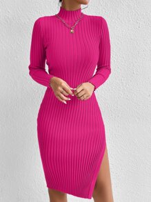 SHEIN Privé Mock Neck Split Thigh Jumper Dress - Hot Pink - View 6