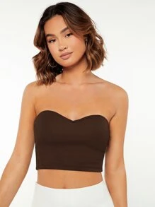 SHEIN BASICS Solid Sweetheart Neck Crop Tube Top - Chocolate Brown - View 1