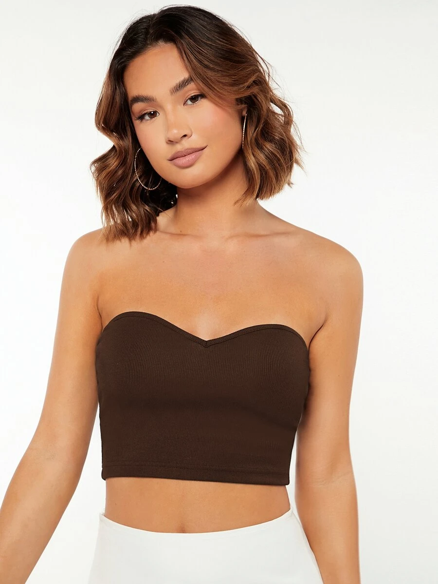 SHEIN BASICS Solid Sweetheart Neck Crop Tube Top - Chocolate Brown - View 1
