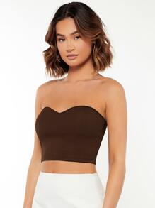 SHEIN BASICS Solid Sweetheart Neck Crop Tube Top - Chocolate Brown - View 3