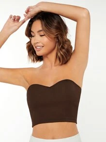 SHEIN BASICS Solid Sweetheart Neck Crop Tube Top - Chocolate Brown - View 4