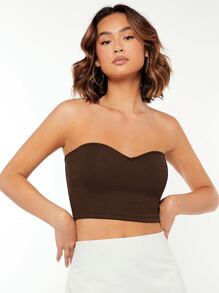 SHEIN BASICS Solid Sweetheart Neck Crop Tube Top - Chocolate Brown - View 5