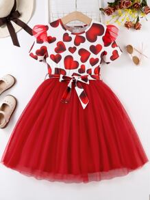 Girls Heart Print Ruffle Trim Mesh Overlay Belted Dress - Red and White - View 1