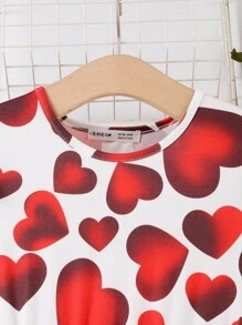 Girls Heart Print Ruffle Trim Mesh Overlay Belted Dress - Red and White - View 3