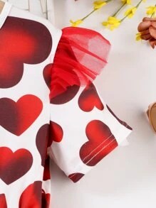 Girls Heart Print Ruffle Trim Mesh Overlay Belted Dress - Red and White - View 4