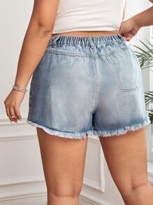 SHEIN Essnce 大碼側打結毛邊牛仔裙褲 - 淺色水洗藍 - 查看 2