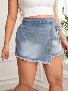SHEIN Essnce 大碼側打結毛邊牛仔裙褲 - 淺色水洗藍 - 查看 3