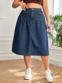 váy ngắn denim kích thước lớn Túi Dây kéo Nút phía trước màu trơn - Rửa tối - Xem 1