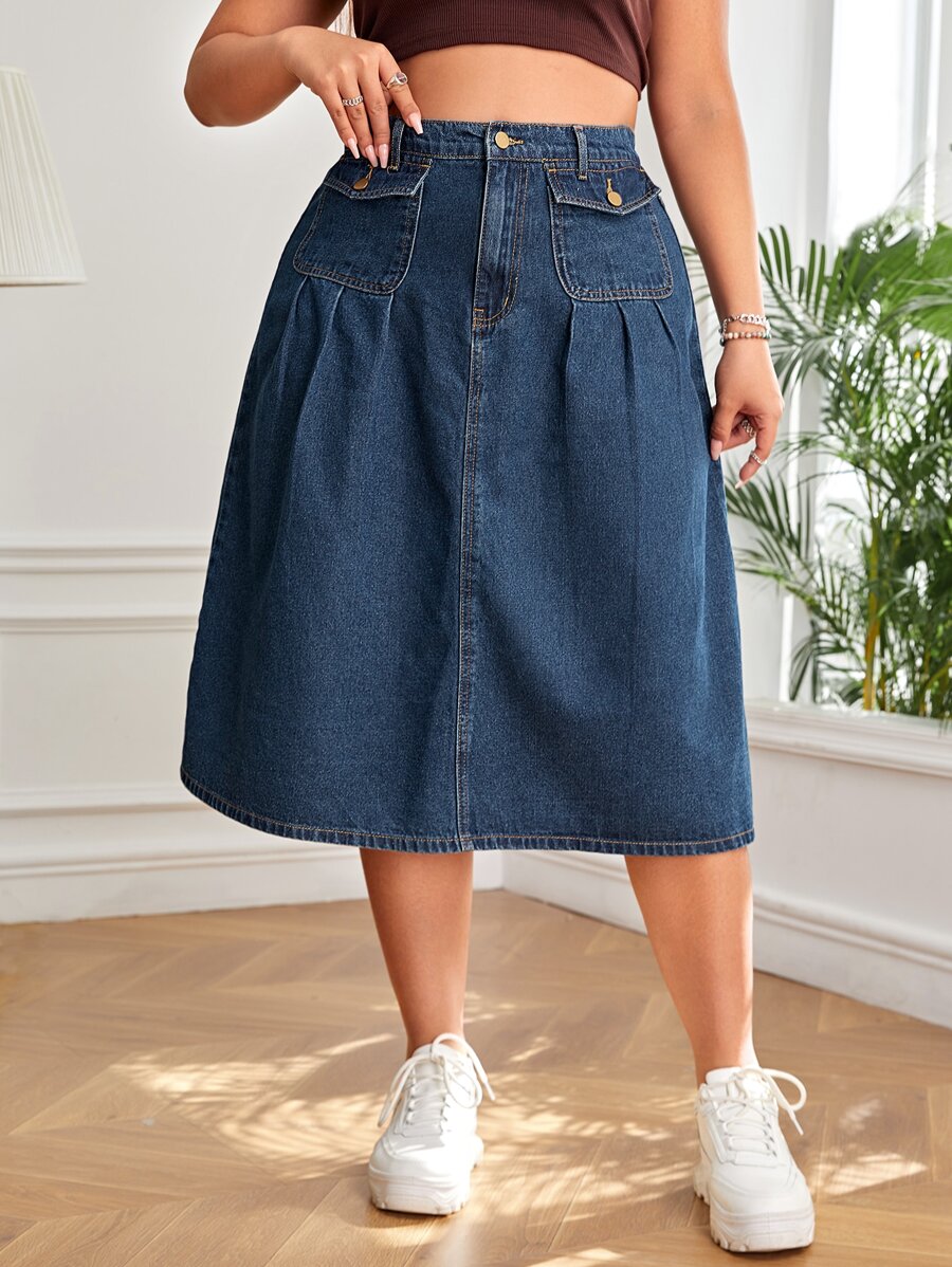 váy ngắn denim kích thước lớn Túi Dây kéo Nút phía trước màu trơn - Rửa tối - Xem 1