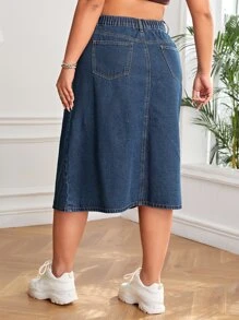 váy ngắn denim kích thước lớn Túi Dây kéo Nút phía trước màu trơn - Rửa tối - Xem 2