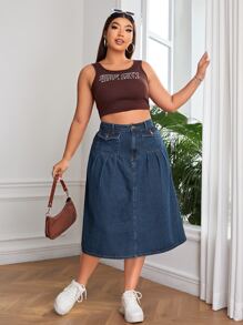 váy ngắn denim kích thước lớn Túi Dây kéo Nút phía trước màu trơn - Rửa tối - Xem 3