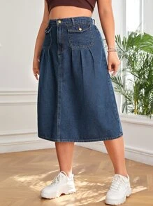 váy ngắn denim kích thước lớn Túi Dây kéo Nút phía trước màu trơn - Rửa tối - Xem 5