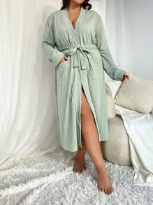 Plus Drop Shoulder Pocket Patched Belted Robe - Mint Green - View 1