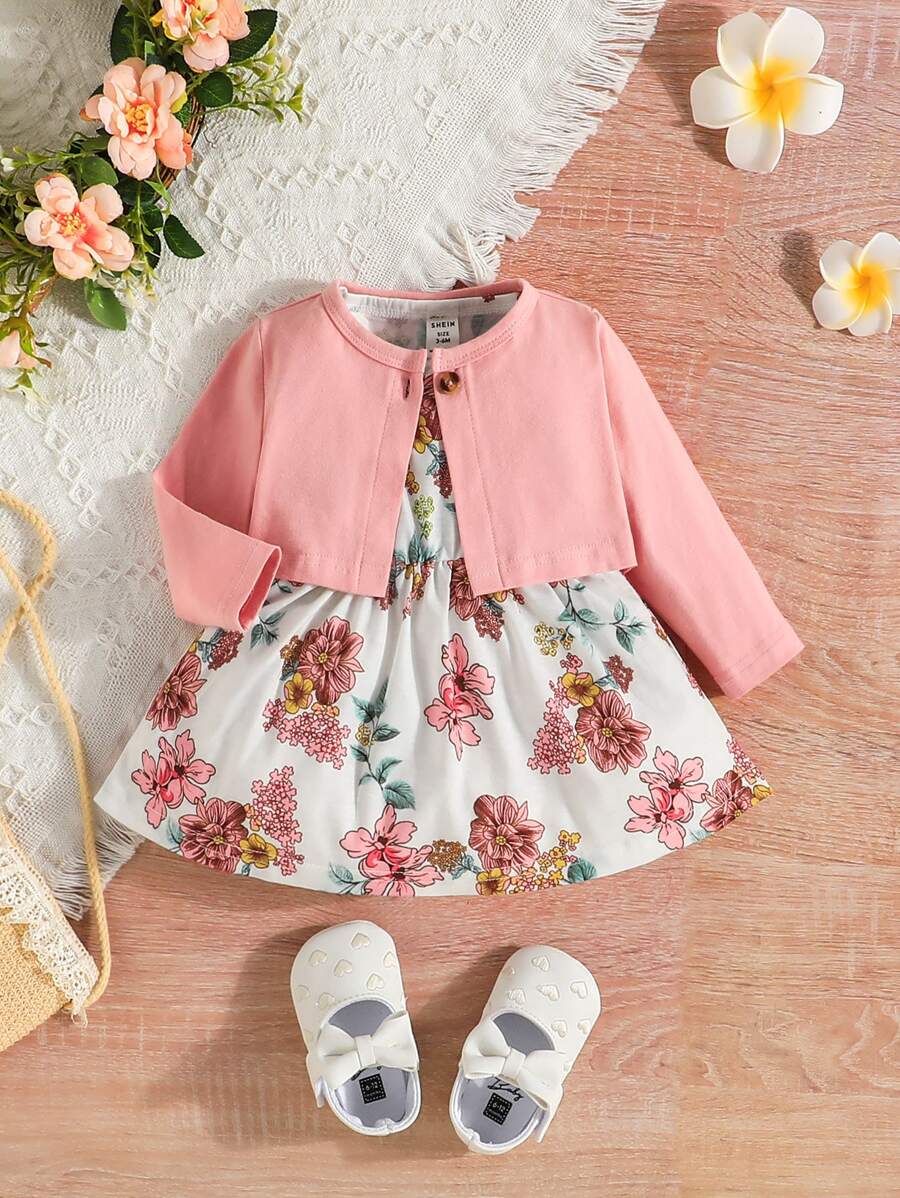 Baby Girl Floral Print Dress & Button Front Jacket - Multicolor - View 1