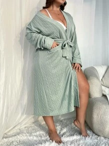 Plus Drop Shoulder Pocket Patched Belted Robe - Mint Green - View 3