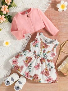 Baby Girl Floral Print Dress & Button Front Jacket - Multicolor - View 3