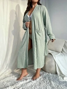 Plus Drop Shoulder Pocket Patched Belted Robe - Mint Green - View 4