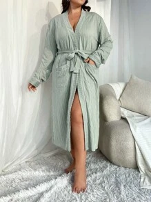 Plus Drop Shoulder Pocket Patched Belted Robe - Mint Green - View 5