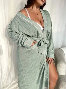 Plus Drop Shoulder Pocket Patched Belted Robe - Mint Green - View 6