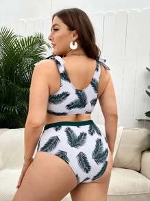 SHEIN Swim Curve 大尺碼熱帶印花綁帶肩比基尼套裝，夏日沙灘必備 - 彩色 - 查看 2