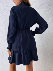 SHEIN Clasi Vestido de cuello con fruncido de manga con volante bajo con fruncido - Azul Marino - Ver 2
