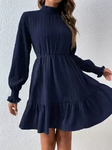 SHEIN Clasi Vestido de cuello con fruncido de manga con volante bajo con fruncido - Azul Marino - Ver 5