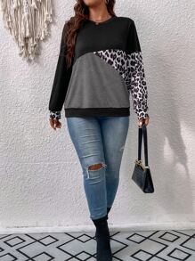 SHEIN LUNE Plus Leopard Print Colorblock Sweatshirt Graduation,Back To School,Graduation,Teacher For Women,Back To School Pullover Fall Winter Sweatshirt Autumn - Grey - View 6