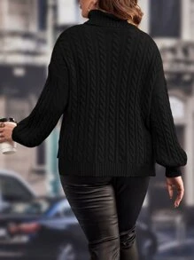 SHEIN LUNE 大码女式纯色针织高领休闲落肩侧开衩毛衣，适合秋冬季节穿着 - 黑色 - 查看 2